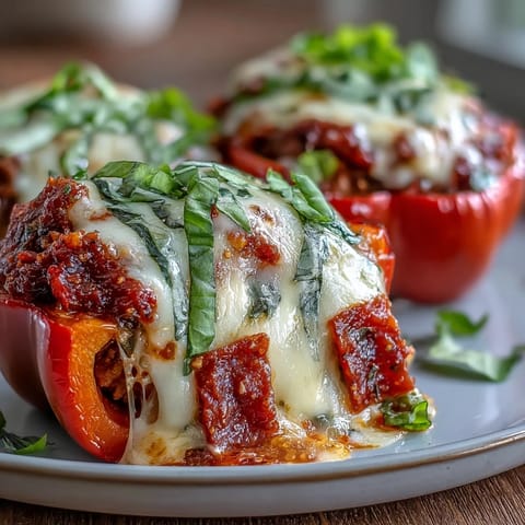 Freshly baked Keto Pizza Stuffed Peppers with melted mozzarella and golden, crispy pepperoni slices on a plate. 