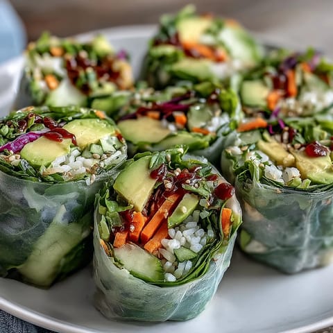 Two colorful Vegan Mango Avocado Spring Rolls on a platter, filled with mango, avocado, carrots, and cabbage.