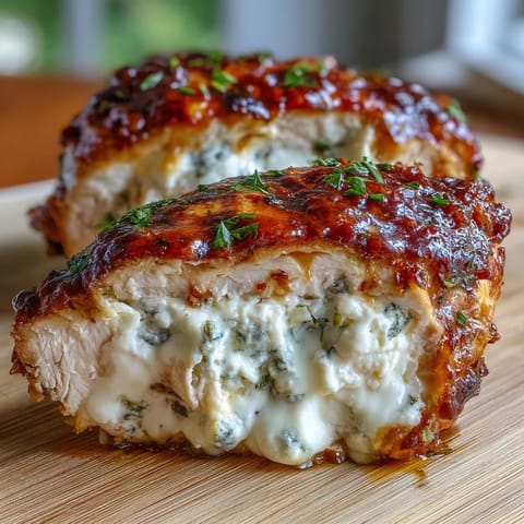 Golden, glazed Hot Honey Ricotta Stuffed Chicken rests beside roasted vegetables with steam rising.