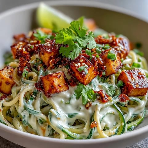 Vibrant TikTok-style chili crisp cucumber noodle bowls with creamy dressing, fresh vegetables, and tofu, topped with spicy chili crisp sauce.  