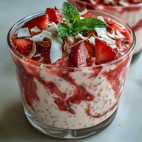 Creamy strawberry chia seed pudding with coconut milk, topped with fresh strawberries and toasted coconut flakes.  