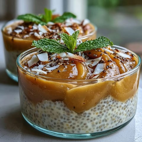 Creamy light coconut chia pudding breakfast cups layered with vibrant mango purée, topped with crunchy seeds and shredded coconut.  