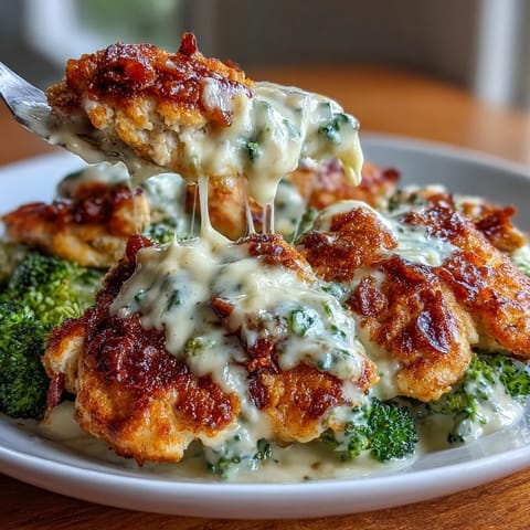 A creamy Keto Chicken Alfredo served over steamed broccoli florets with tender chicken strips and rich Parmesan sauce.