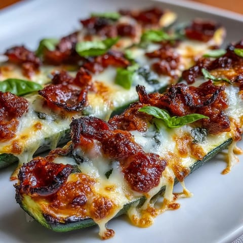 Delicious keto pepperoni zucchini pizza boats loaded with gooey mozzarella and savory pepperoni slices for a low-carb pizza night treat.
