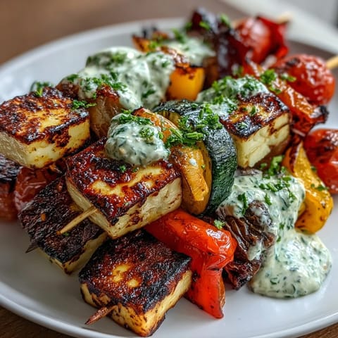 Halloumi cheese and vegetable skewers, lightly charred and served with a refreshing mint and parsley yogurt dip, ideal for easy vegetarian meals.  