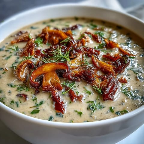 Creamy soup blending earthy mushrooms and warm cardamom spice, garnished with fresh chives for a comforting meal.  