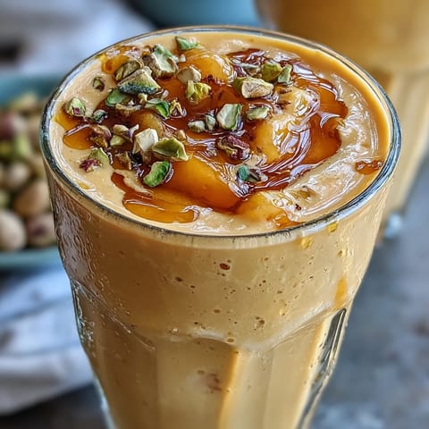 Creamy mango lassi with ripe mango, yogurt, and cardamom, served chilled in a tall glass with a sprinkle of pistachios.  