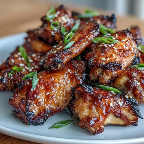 Golden-brown air fryer chicken wings coated in sticky honey garlic glaze, perfect for game day snacking or party platters.  