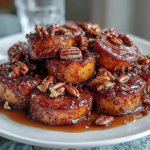 Decadent candied yams with bourbon and brown sugar, baked until tender and caramelized, topped with chopped pecans for crunch.