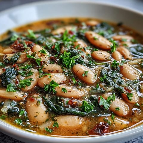 Hearty Tuscan white bean and spinach soup with tender vegetables in a savory herb broth.  