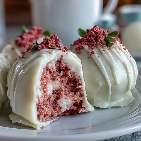 Romantic Valentine's Day strawberry truffles with white chocolate, dusted with freeze-dried strawberry powder for a stunning dessert presentation.