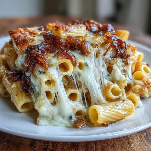 French Onion Soup Pasta Bake with melted Gruyère and caramelized onions in a creamy, golden baked dish.  