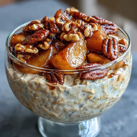 Creamy overnight oats layered with tender cinnamon apples and crunchy walnuts for a wholesome, satisfying breakfast.