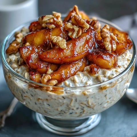 Hearty oats topped with warm cinnamon apples, toasted walnuts, and a drizzle of maple syrup for a cozy morning treat.