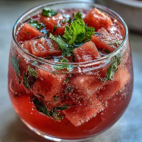 Watermelon Mint Infused Water with fresh mint leaves and juicy watermelon cubes in a clear pitcher.  