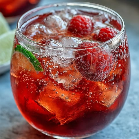 Refreshing Raspberry Lime Spritz cocktail with muddled raspberries, lime slices, and a splash of vodka, served over ice with mint garnish.