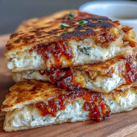 A golden crispy quesadilla filled with tangy goat cheese and sweet-spicy chili jam, served warm and ready to slice.  