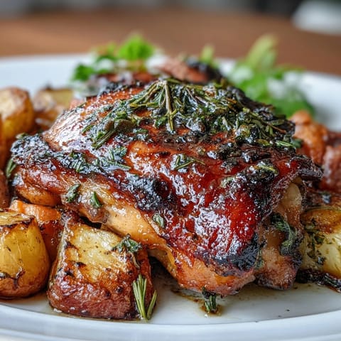 Herb roasted chicken thighs with carrots and potatoes, golden and juicy, seasoned with aromatic herbs and roasted to perfection.