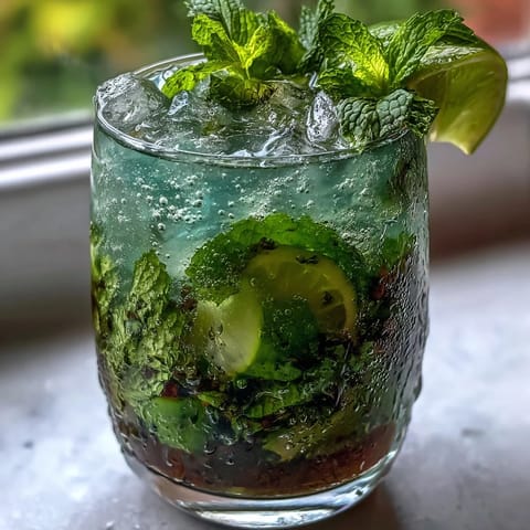 Crisp and cooling non-alcoholic mojito featuring muddled lime, mint, and cucumber slices, perfect for summer hydration and relaxation.  