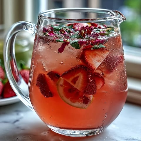 A vibrant pitcher of strawberry rose lemonade with fresh fruit slices and edible rose petals, perfect for summer gatherings.