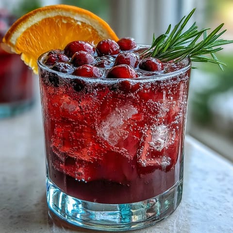 Refreshing cranberry orange mocktail with rosemary, served over ice with sparkling water for a bright, bubbly drink.