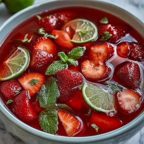 Vibrant strawberry daiquiri punch bowl filled with fresh berries and lime, perfect for spring celebrations.