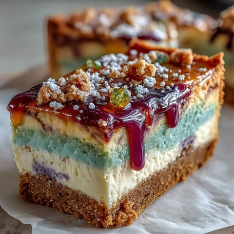 Festive Mardi Gras dessert bars featuring creamy cheesecake and colorful swirls, perfect for parties and celebrations.  