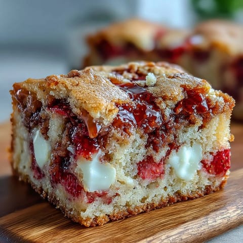 Soft and chewy strawberry cookie bars bursting with juicy berries and creamy white chocolate chunks.  
