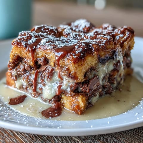 Decadent chocolate croissant bread pudding with buttery pastry baked in creamy custard and rich chocolate chips.