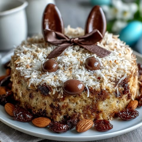 Whimsical Easter Bunny Cake with fluffy coconut frosting, shaped like a bunny and decorated with candy for festive spring celebrations.  