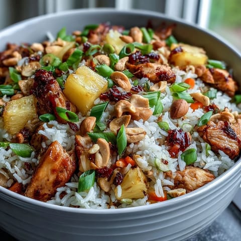 Tropical Hawaiian pineapple chicken fried rice with juicy pineapple, tender chicken, and vibrant vegetables in a savory soy sauce glaze.