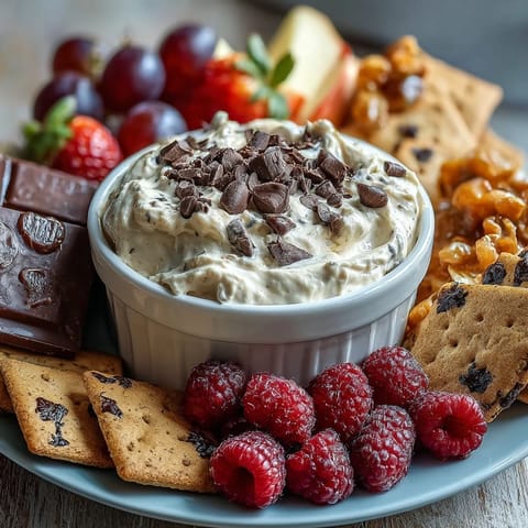 Creamy cottage cheese cookie dough dip with mini chocolate chips served with fresh strawberries and apple slices. A healthy, protein-packed dessert perfect for sharing.