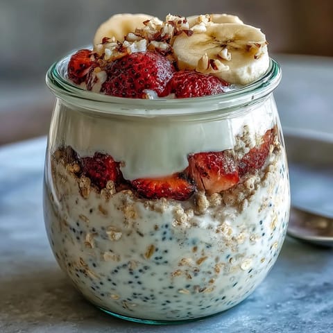 Nutritious strawberry banana overnight oats with chia seeds, perfect for an easy, make-ahead morning meal.