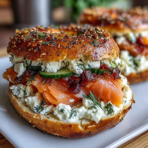 Cottage cheese bagels topped with smoked salmon, cream cheese, and fresh dill on a rustic wooden board.