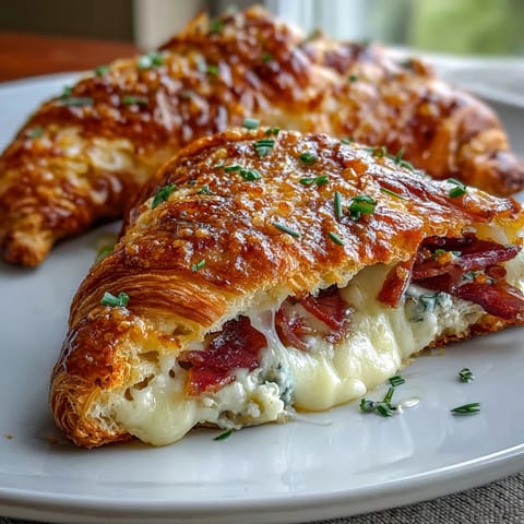 Savory Ham and Swiss Croissant Bake featuring buttery croissant pieces, diced ham, and melted Swiss cheese in a rich egg custard.