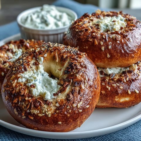 High-protein bagels topped with everything seasoning, served with a creamy Greek yogurt dip for a satisfying breakfast.