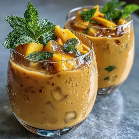 A tall glass of chilled mango peach iced tea with fresh mint and fruit slices, perfect for summer refreshment.