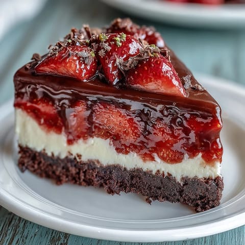 Easy Dubai Chocolate Strawberry Cheesecake Cups: rich chocolate biscuit base topped with creamy vanilla cheesecake, fresh strawberry slices, and glossy dark chocolate ganache.