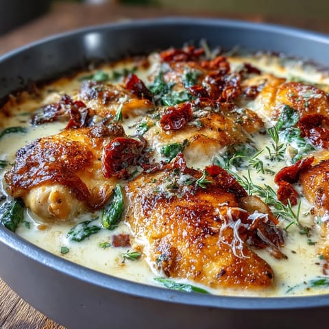 Creamy Tuscan Chicken Skillet with golden seared chicken in rich garlic cream sauce and sun-dried tomatoes.