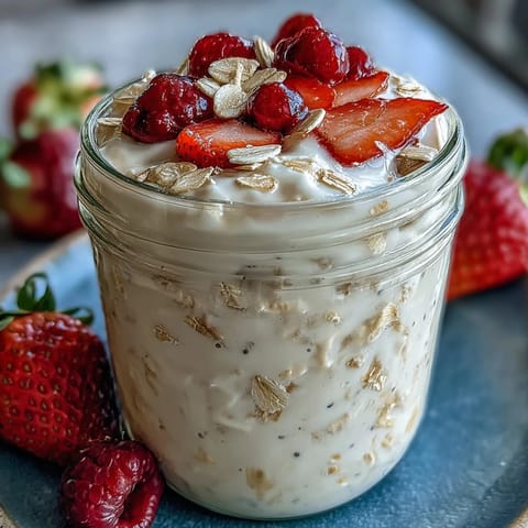 Creamy overnight oats layered with sweet strawberries and chia seeds, perfect for a quick, healthy morning meal.  