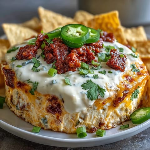 Creamy Cinco de Mayo Loaded Queso Dip with spicy chorizo, fresh pico de gallo, and melted cheese, served with crispy tortilla chips.