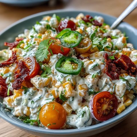 Creamy Corn Salad with Jalapeño offers a refreshing mix of crisp veggies and smoky spices.