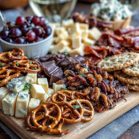 Vibrant grad party snack board overflowing with savory cheese, meats, veggies, and sweet berries, chocolate pretzels, and cookies for festive sharing.