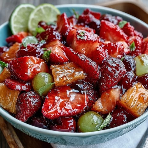 Bright and colorful strawberry lemonade fruit salad with juicy berries, sweet pineapple, and refreshing watermelon in a zesty citrus dressing.
