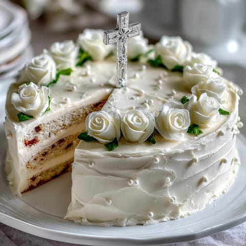 Elegant First Communion cake with white fondant roses and cross topper on a smooth buttercream finish