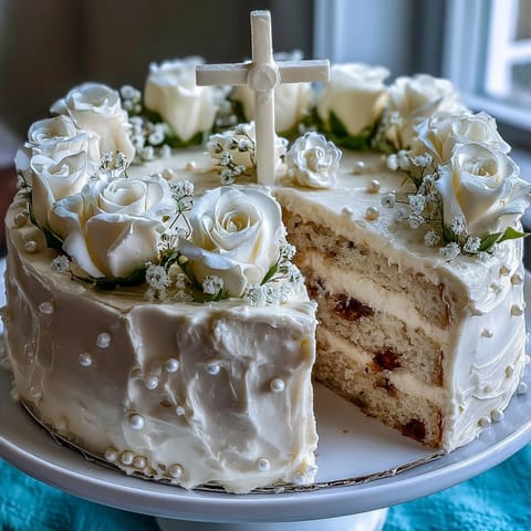 Delicate vanilla sponge cake decorated with white fondant roses and a symbolic cross topper for First Communion