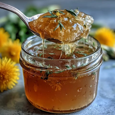 Bright dandelion jelly with fresh lemon and honey, perfect for spreading on warm toast or scones.