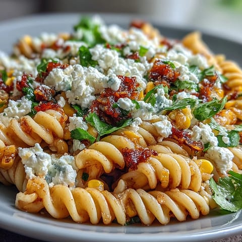 Vibrant elote corn pasta salad with Cotija cheese, charred sweet corn, and zesty lime dressing in a serving bowl.