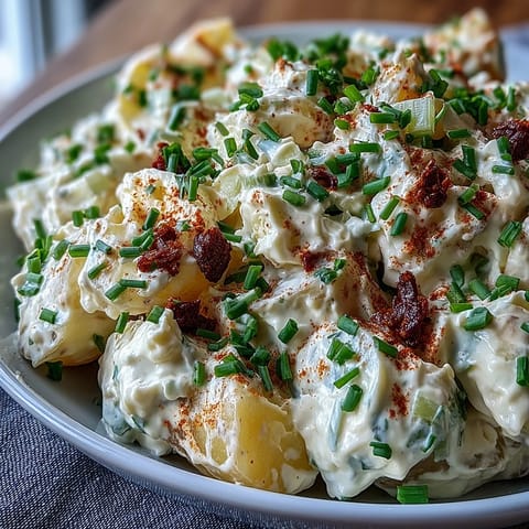Creamy Classic Deviled Egg Potato Salad with tender potatoes, tangy mustard dressing, and fresh herbs in a rustic serving bowl.