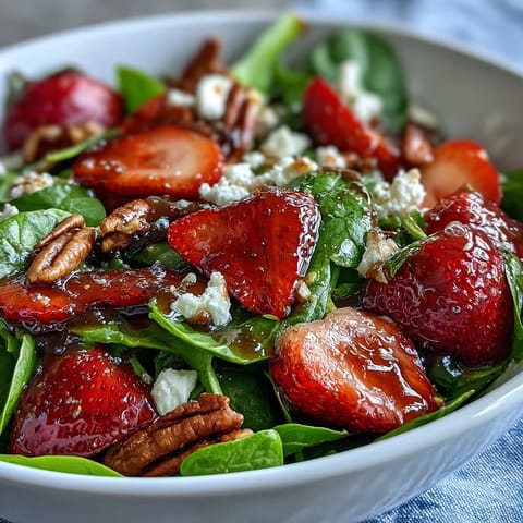 Fresh spring salad with baby spinach, strawberries, goat cheese, and candied pecans, drizzled with balsamic vinaigrette.